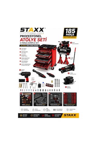 Staxx 185 Parça Atölye Seti 6'lı Servis Paketi Takım Arabası + Kompresör + Kriko + Mengene
