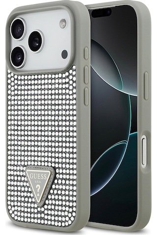 Apple Uyumlu iPhone 17 Pro Kılıf Guess Lisanslı Taşlı Arka Yüzey Üçgen Logolu Kapak Gümüş