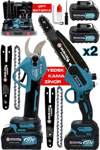 M 2'li Set Çelik Şanzuman Çift Pala Zincirli Şarjlı Dal Budama Testere Budama Makas 21v 3ah