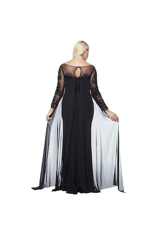 Moda Berray 8028 Uzun Kollu Arkası Şifon Kuyruklu Abiye Elbise Siyah Siyah