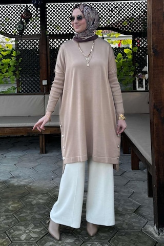 Rabia Şamlı Sevda Triko Tunik Bej Çok Renkli