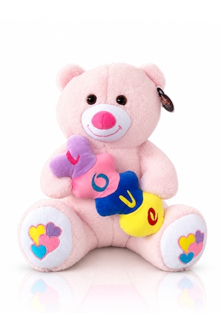 Renkli Kalpli Ayıcık Peluş Oyuncak Ayıcık 60cm - Hediyelik Peluş Oyuncak 046 - Pembe