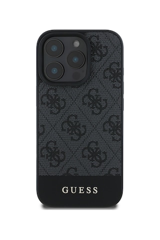Apple Uyumlu iPhone 16 Pro Max Kılıf Guess Lisanslı Pu Deri Şerit Logo Dizaynlı Kapak Siyah