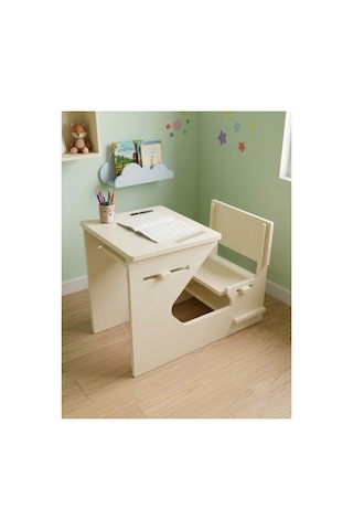 Ergonomik Ahşap Çocuk Çalışma Masası Ve Sandalyesi Seti, Aktivite, Oyun Ve Okuma Masası Seti, Montessori Ahşap Çocuk Aktivite Masası Ve Sandalyesi Krem