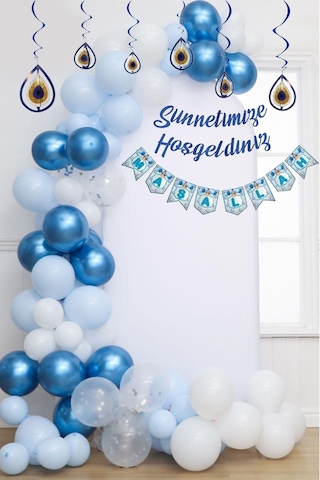 Sünnetimize Hoşgeldiniz Banner, Maşallah Banner, Nazar Boncuğu Tavan Süs Ve Balon Zincir Set Mavi