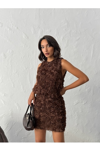 Verymoda Gül Desenli Tül Etek F1757 Kahve