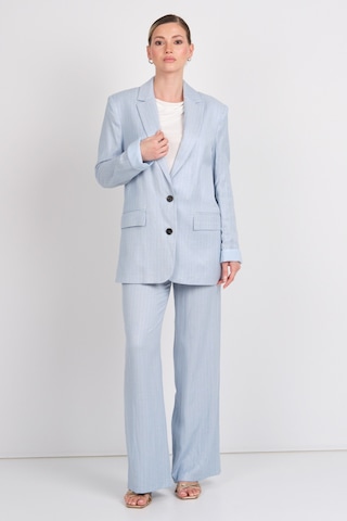 Ayhan Kadın Çizgili Düğmeli Keten Ceket 0860 Mavi Mavi