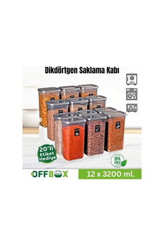 Offbox Dikdörtgen Bakliyat Baharat Gıda Saklama Kabı - 3.2 Lt. - 12 Adet Antrasit Şeffaf