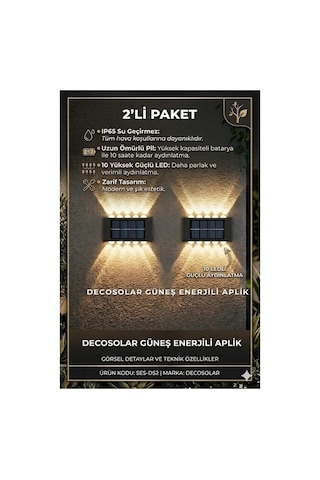 2'li Set Güneş Enerjili Duvar Apliği 10 Led'li Su Geçirmez Dış Mekan Aydınlatma Gün Işığı 2 Adet