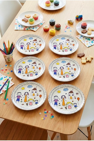 Grandora Çocuk Desenli Pasta Tabağı 20 Cm 6 Lı Set - Renkli Aile Figürlü Tatlı, Pasta Veya Ikram Tabak Çok Renkli
