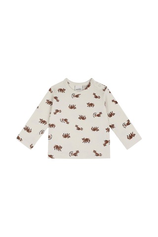 Antebies Organik Bej Rakun Desenli Beli Lastikli Bağcıklı Uzun Kollu Erkek Bebek Tshirt Eşofman Takımı Kahve