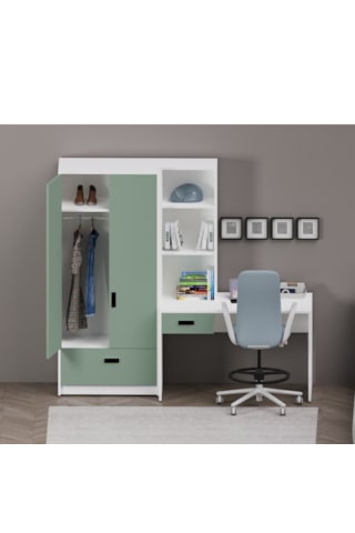 Essenza Kitaplıklı Çalışma Masası Ve 2 Kapaklı Dolap Seti Beyaz Gövde Su Yeşili Kapak Afm172 Beyaz-su Yeşili