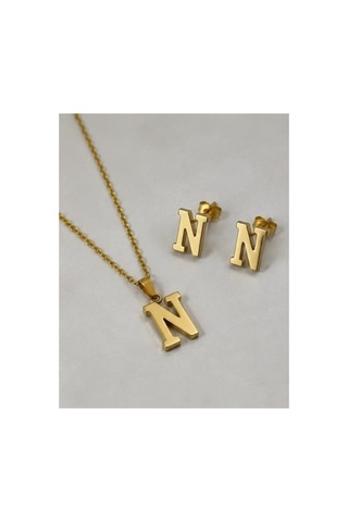 N Harfi 14K Gold Çelik Harf Kolye Küpe Takı Seti - İsim Baş Harfi Kişiye Özel Kararmaz Antialerjik Kadın Set