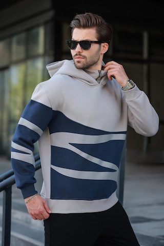 Madmext Boyalı Gri Kapüşonlu Fermuar Yaka Desenli Erkek Sweatshirt E7162 Gri
