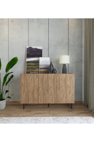 Demir Ayaklı Ahşap Görünümlü Mdf Çok Amaçlı 3 Kapaklı Konsol