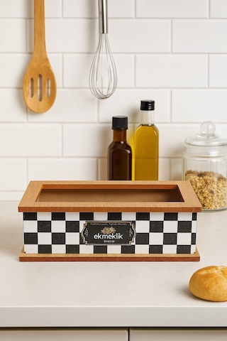 Damalı Yazılı Ahşap Ekmek Sepeti Siyah