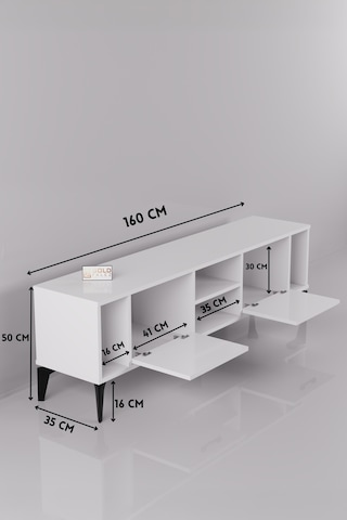 Tv Sehpası 160 Cm Modern Çok Amaçlı Dolaplı Raflı Televizyon Ünitesi Linya Beyaz