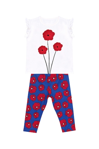 Denokids Fırfırlı Kırmızı Gelincik Kız Çocuk Yazlık T-shirt Tayt Takım