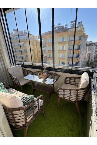 Kartepe Galvaniz Boru 2 1 1 Sehpa 60 90 Rattan Bahçe Balkon Takımı,kahve Rattan/krem Kumaş Kahve Rattan-krem Kumaş