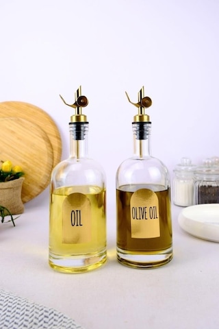 Digithome 2'li Zeytinyağı Ve Sıvıyağ Şişesi Otomatik Kapaklı Gold Etiketli Yağdanlık 500 Ml - H/3 C1-1-289