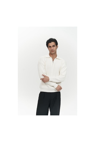 Mai Collection Mai Studios Co. Oberon Polo Yaka Yarım Fermuarlı Ekru Erkek Triko Kazak Ekru