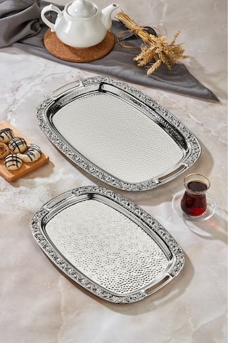 Cooker 2'li Paslanmaz Çelik Sunum Servis Tepsisi 40x70 Cm Gri