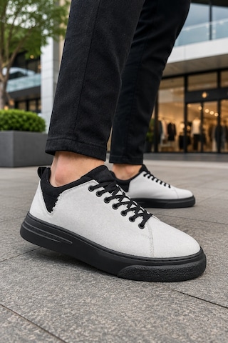 Mevese Ont Bağcıklı Keten Dokulu Hafif Taban Erkek Günlük Casual Sneaker Ayakkabı - Beyaz