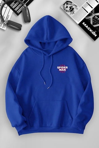 Macklin Unisex Kadın Erkek Marvel Spiderman Ön Ve Arka Baskılı Özel Tasarım Kapşonlu Sweatshirt Mavi Mck1203 Mavi