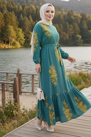 Bestenur Noyra Desenli Viskon Elbise 1722 - Yeşil