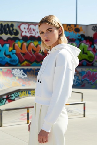 Benerly Kadın Kapüşonlu Düşük Kol Uzun Kollu Basic Örme Crop Sweatshirt F Ekru