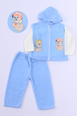 Bebek Polar 3lü Takım Kapşonlu Fermuarlı Nakışlı C23 mavi