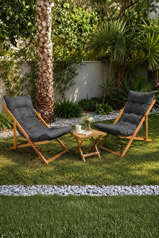 Reyo Bysay Ahşap Katlanabilir Taşınır Puf Minderli Şezlong Balkon Sandalyesi Takımı 3 Lü Set Antrasit