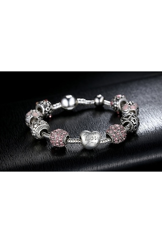 Worldshop 3 Dilde Aşk Charmlı Bileklik Ahşap Kutu Pembe