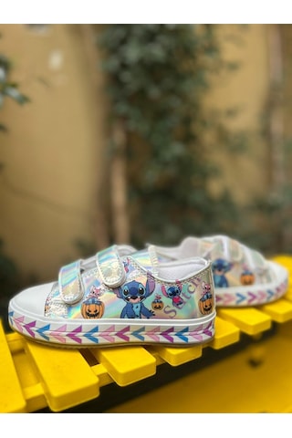 Scarpe Magiche Stitch Baskılı Kız Çocuk Ayakkabısı 31-35 Numara Arası Işıksızdır Gümüş