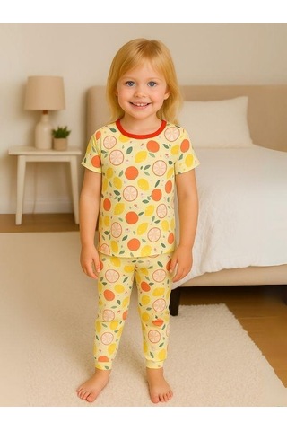 Kız Çocuk Pamuklu Meyve Desenli Kısa Kol Pijama Takımı-16027 Sarı