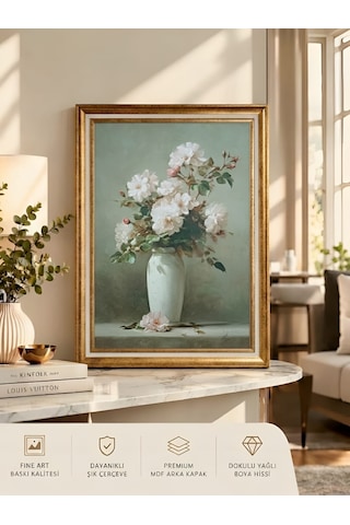Varaklı Gold Çerçeveli Yağlı Boya Dokulu Büyük Boy Salon Tablosu - Yeşil Fonda Vazoda Beyaz Güller Sanat Eseri Klasik Vintage Dekoratif Duvar Tablosu 50x70 Cm / Çerçeveli 60x80 Cm