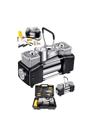 Moonshop Çift Pistonlu Araç Lastik Şişirme Kompresörü, Çok Renkli, 12v, 150 Psı, Led Aydınlatmalı, Taşıma Ça
