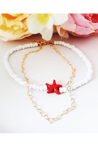 Altın Kaplama Kalpli Zincir Beyaz Kesme Boncuk İkili Kadın Deniz