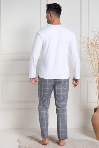 Mecit Pijama Mecit 3054 Beyaz Ekoseli Erkek Büyük Beden Pijama Takımı Beyaz