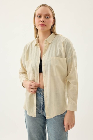 Vitrin Basic Oversize Önden Cepli Gömlek Taş