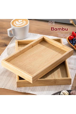 Porsima Pbt-362 Ahşap Tepsi 2li Set Çay Kahve Bambu Sunumu Tepsi Seti Ahşap