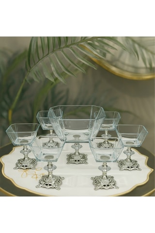 Elta Collection Karen 7 Parça Döküm Gümüş Ayaklı Sunumluk Seti Magnolia Dondurmalık Cup Ve Salata Kase Seti gümüş