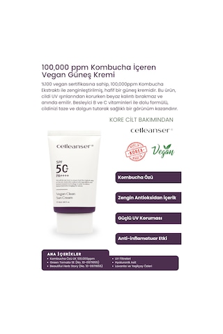 Celleanser Kombucha İçeren Vegan Güneş Kremi SPF50+ 50 ML