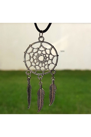 Tamgacrafts Özel Seri Rüya Avcısı Tüylü Metal Kolye 7 Cm Deri İpli Gri Tasarım