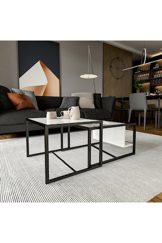 Batı 2 Li Modern Orta Sehpa Takımı Metal Ayaklı, Alt Raflı Beyaz