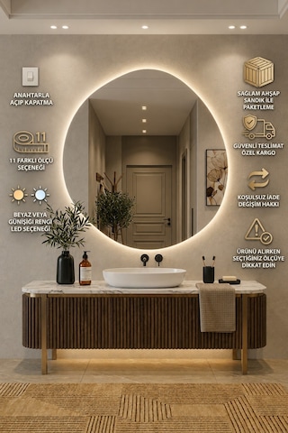 Arya Asimetrik Ledli Ayna Dokunmatik Modern Banyo Aynası Şık Tasarım Konsol Aynası Dekoratif Duvar Aynası Beyaz Günışığı Led 50 X 50