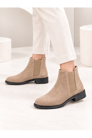 Dabab Shoes Maral Kadın Vizon Süet Yuvarlak Burun Lastik Detaylı 3 Cm Topuklu Kaymaz Taban Chelsea Bot Bootie
