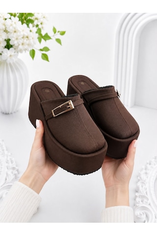 Dabab Shoes Nara Kadın Acı Kahve Sıcak Kürklü Gold Tokalı Kapalı Burun Dolgu Topuklu Platform Terlik Kahverengi