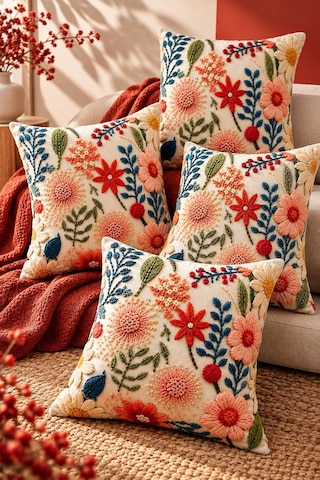 4'lü Set Çiçekli Dekoratif Kırlent Kılıfı 43x43 Cm, 3d Efektli Dijital Baskılı - Baharın Renkleri Çok Renkli
