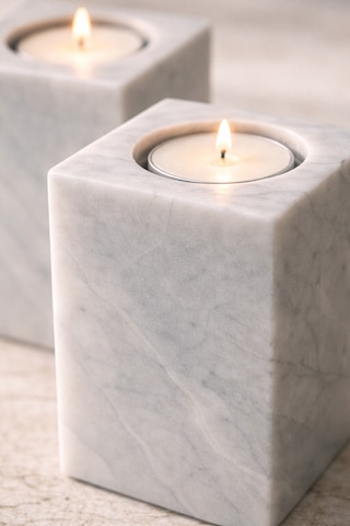 Doğal Mermer Mumluk 2 Li Set 10x6 Cm El Yapımı Kare Tealight Mumluk Beyaz